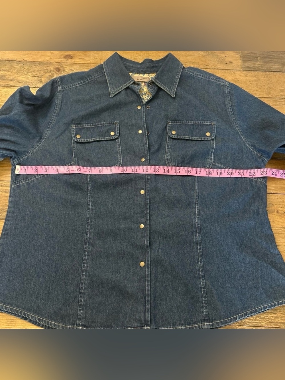 i. e Relaxed Woman Denim Snap Button Western Shirt Dark Wash Long Sleeve Utility - Picture 14 of 15